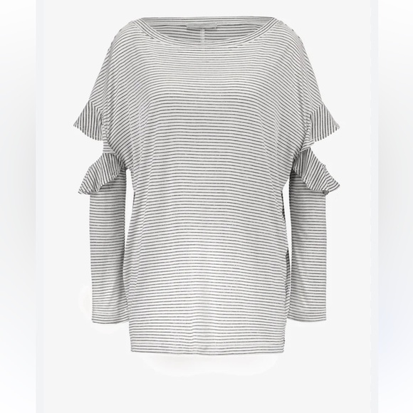 All Saints Striped Ruffle Sleeve Top - Black and White - Picture 2 of 5